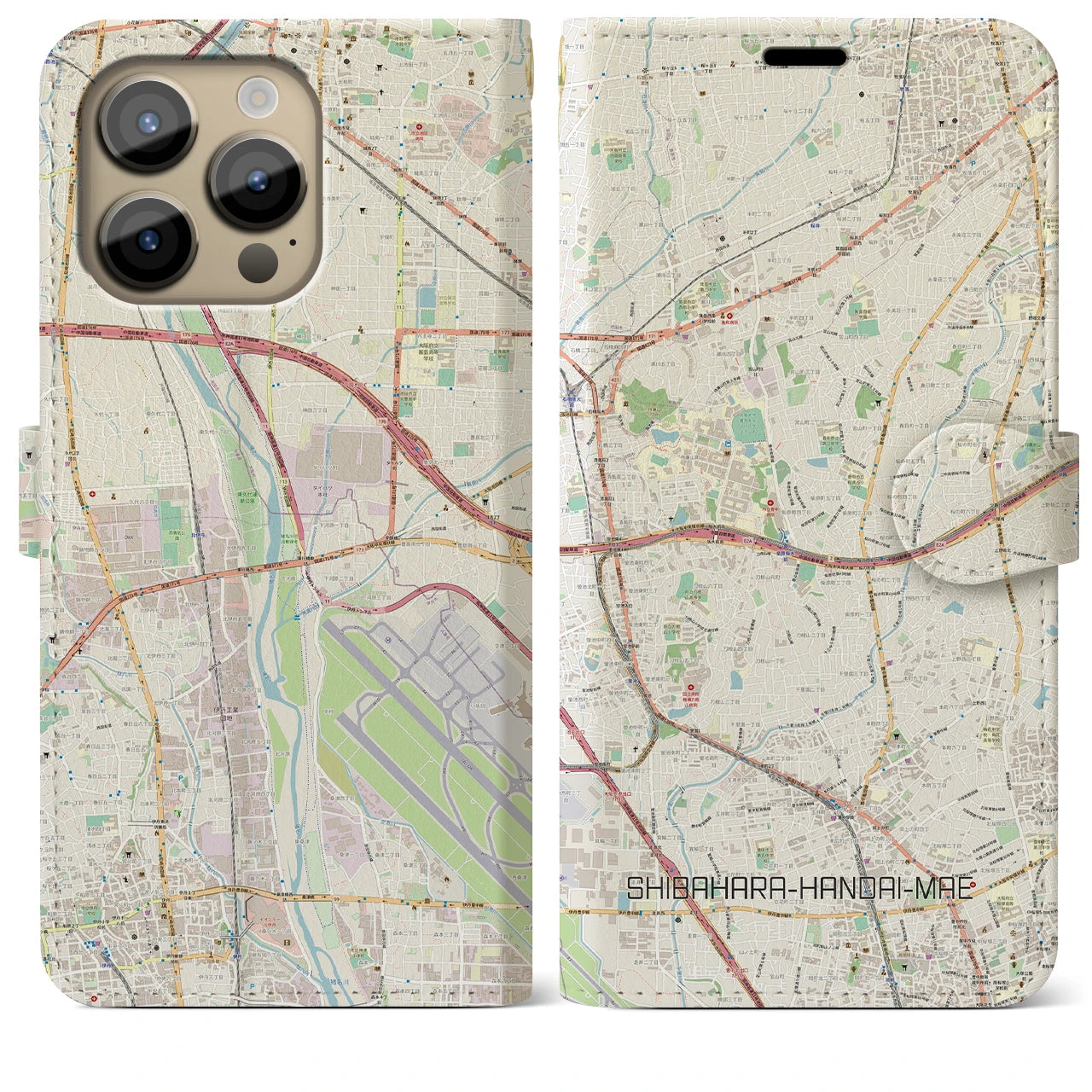 【柴原阪大前(大阪府)】地図柄iPhoneケース(手帳タイプ)ナチュラル・iPhone 14 Pro Max 用