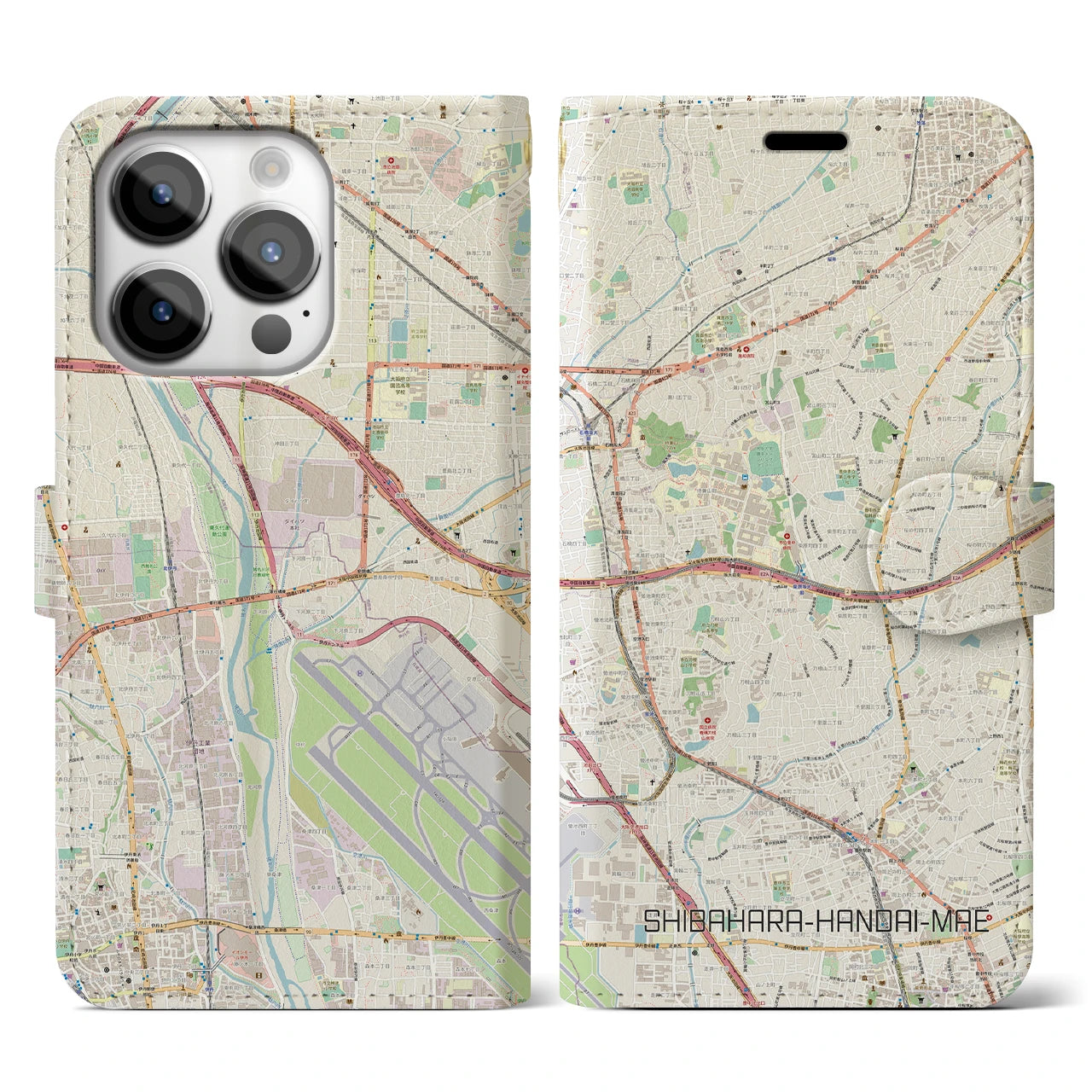 【柴原阪大前(大阪府)】地図柄iPhoneケース(手帳タイプ)ナチュラル・iPhone 14 Pro 用