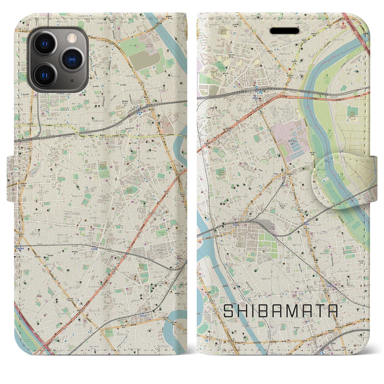 【柴又(東京都)】地図柄iPhoneケース(手帳タイプ)ナチュラル・iPhone 11 Pro Max 用