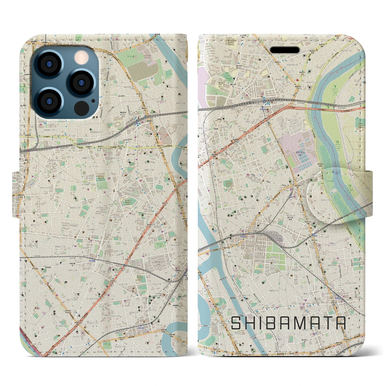 【柴又(東京都)】地図柄iPhoneケース(手帳タイプ)ナチュラル・iPhone 12 / 12 Pro 用