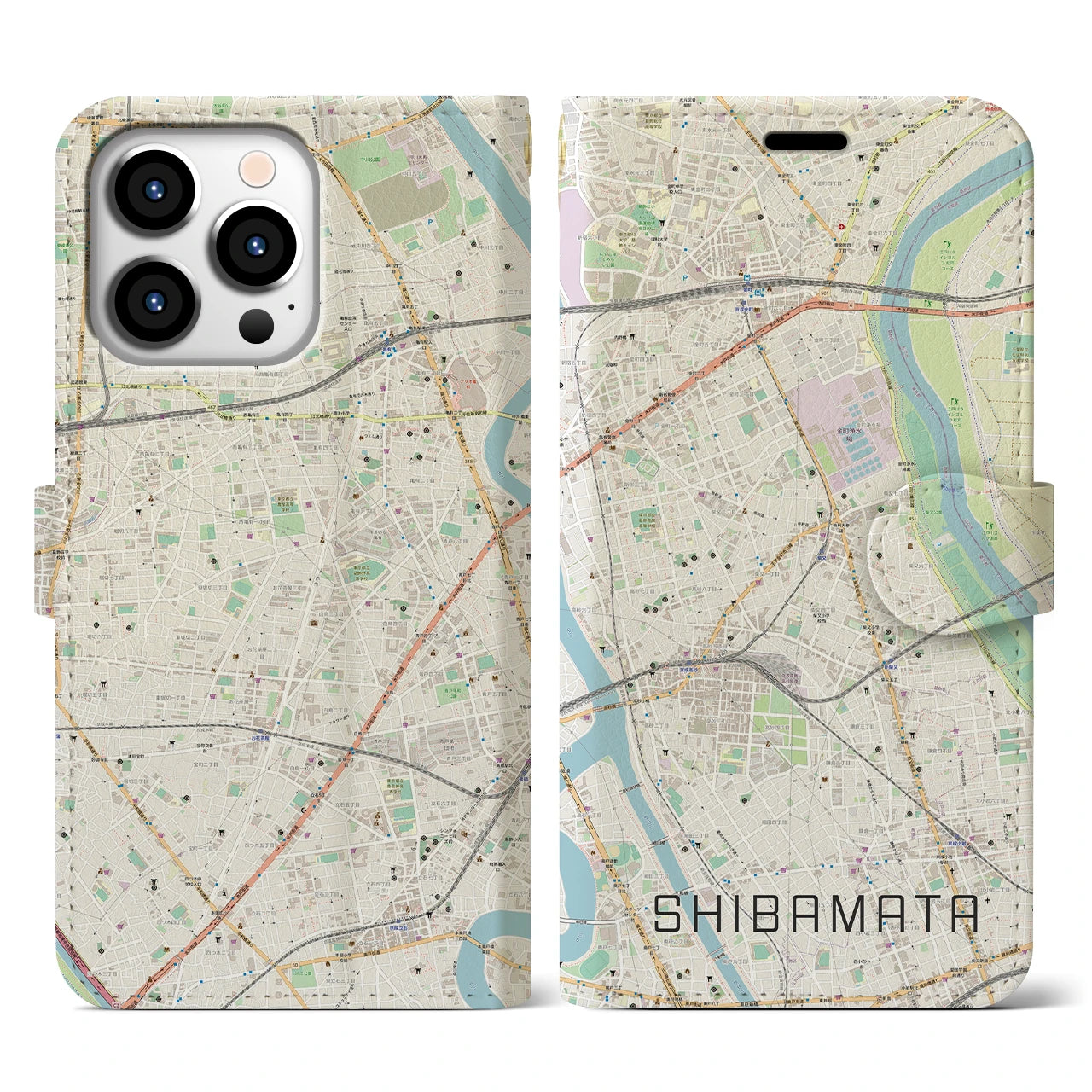 【柴又(東京都)】地図柄iPhoneケース(手帳タイプ)ナチュラル・iPhone 13 Pro 用