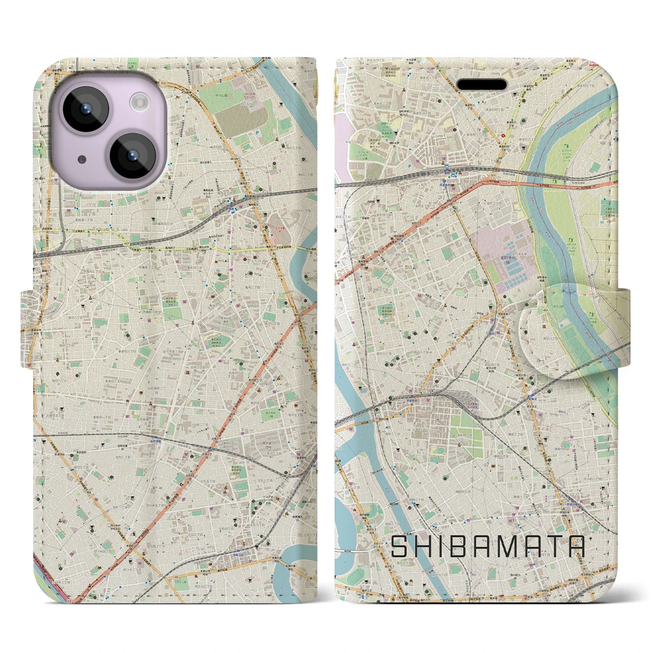 【柴又(東京都)】地図柄iPhoneケース(手帳タイプ)ナチュラル・iPhone 14 用