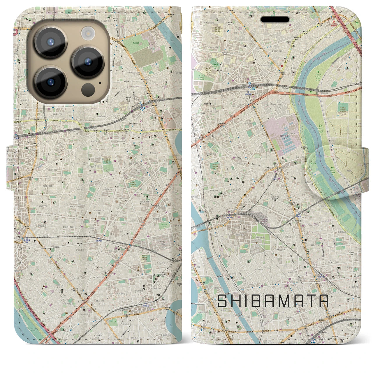 【柴又(東京都)】地図柄iPhoneケース(手帳タイプ)ナチュラル・iPhone 14 Pro Max 用