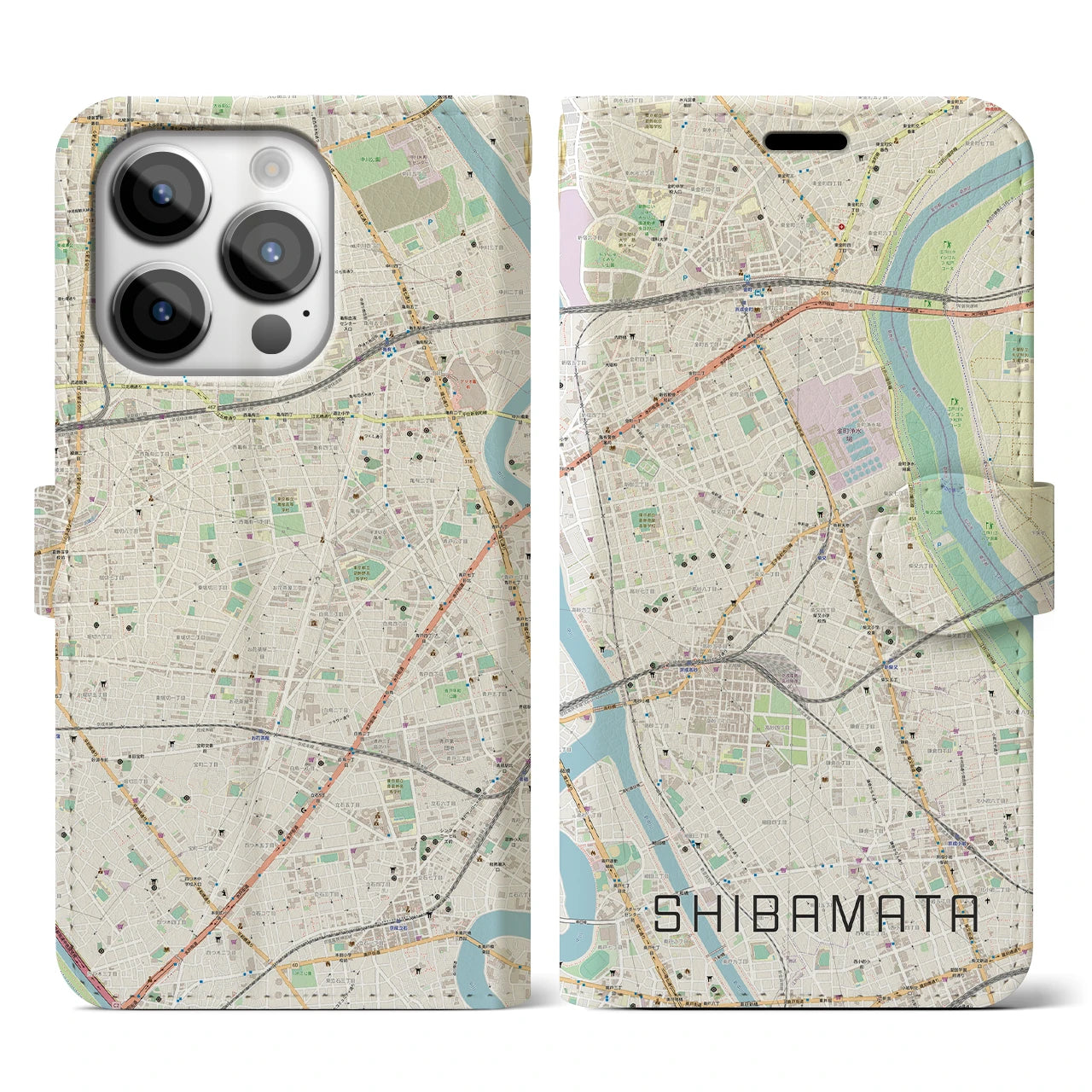 【柴又(東京都)】地図柄iPhoneケース(手帳タイプ)ナチュラル・iPhone 14 Pro 用