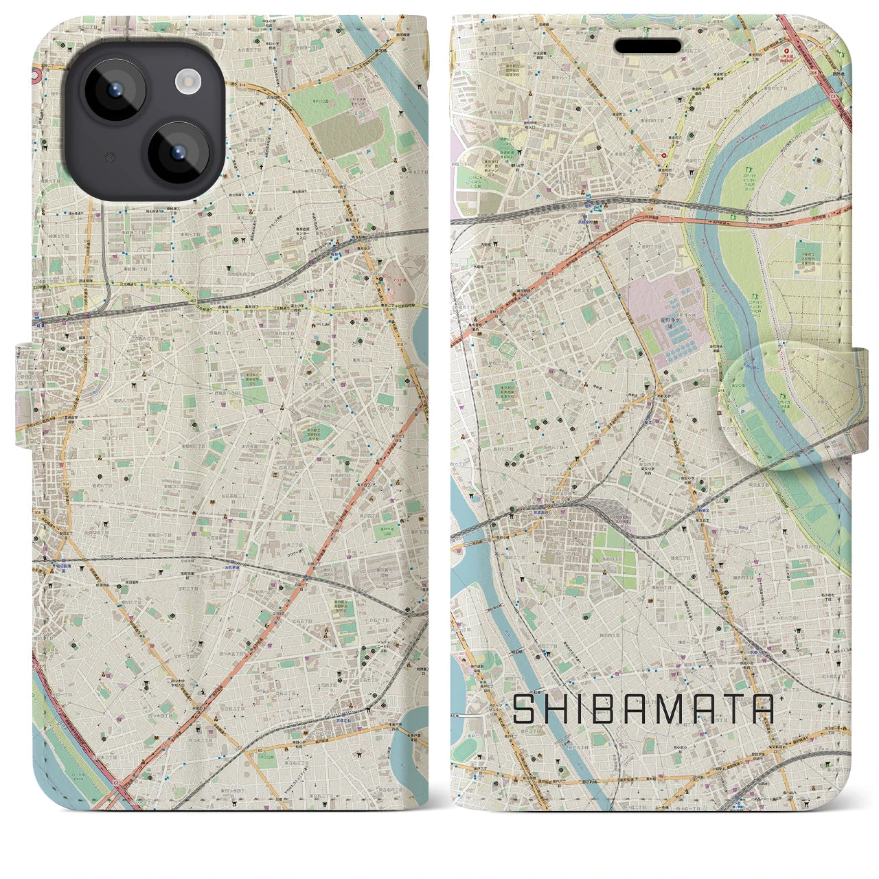【柴又(東京都)】地図柄iPhoneケース(手帳タイプ)ナチュラル・iPhone 14 Plus 用