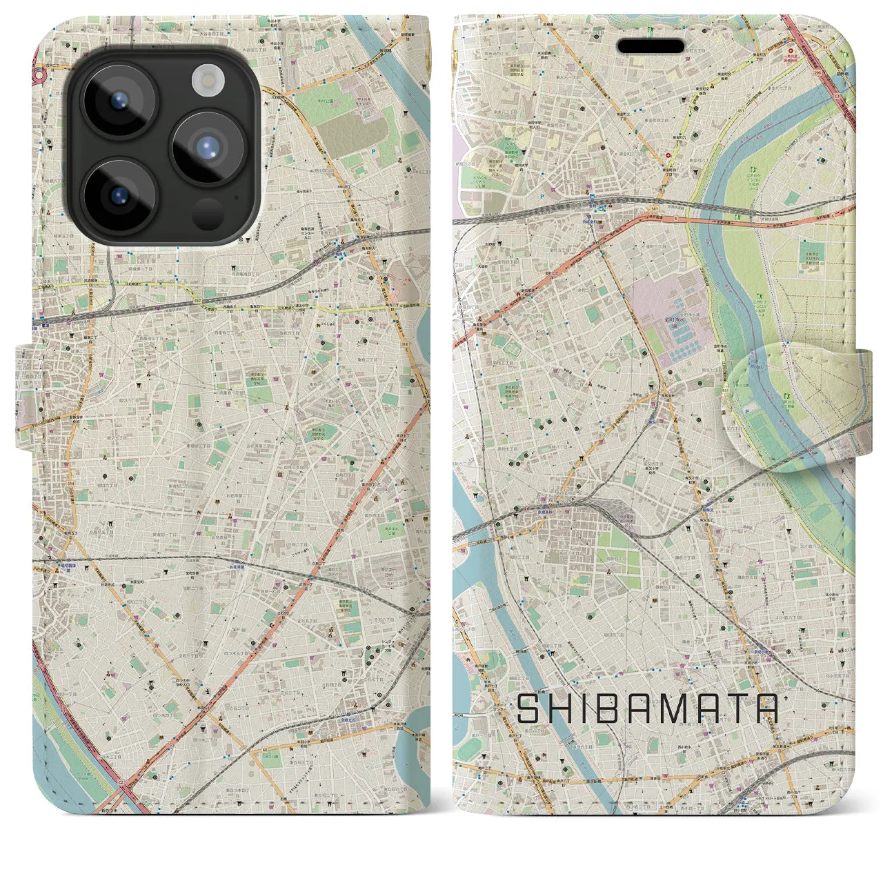 【柴又(東京都)】地図柄iPhoneケース(手帳タイプ)ナチュラル・iPhone 15 Pro Max 用