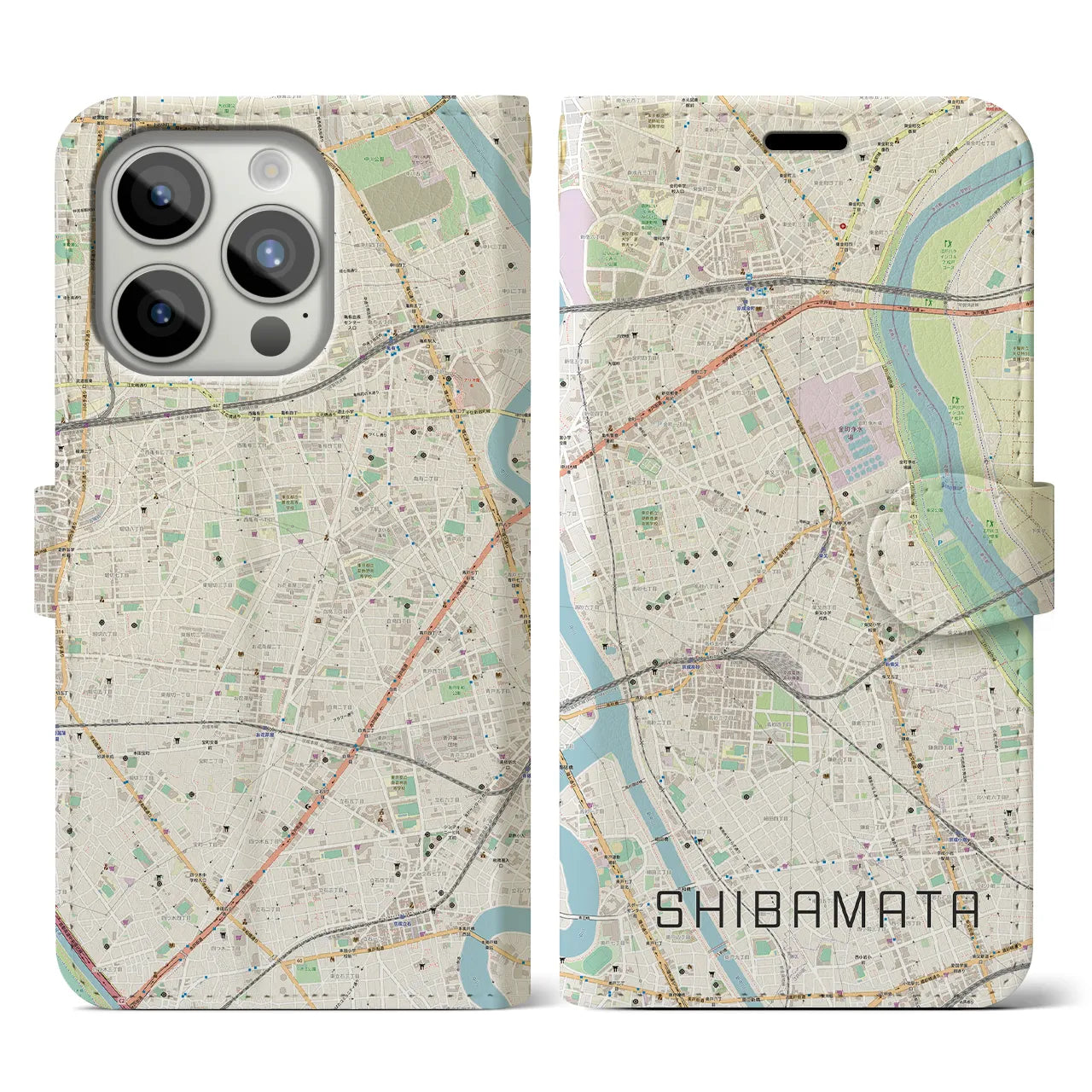 【柴又(東京都)】地図柄iPhoneケース(手帳タイプ)ナチュラル・iPhone 15 Pro 用
