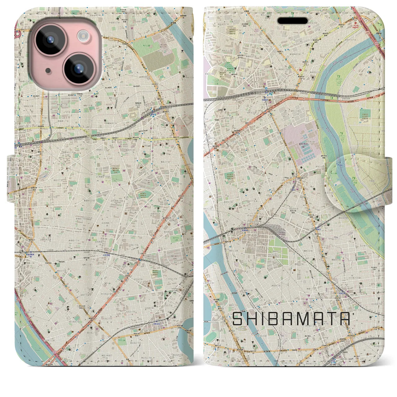 【柴又(東京都)】地図柄iPhoneケース(手帳タイプ)ナチュラル・iPhone 15 Plus 用