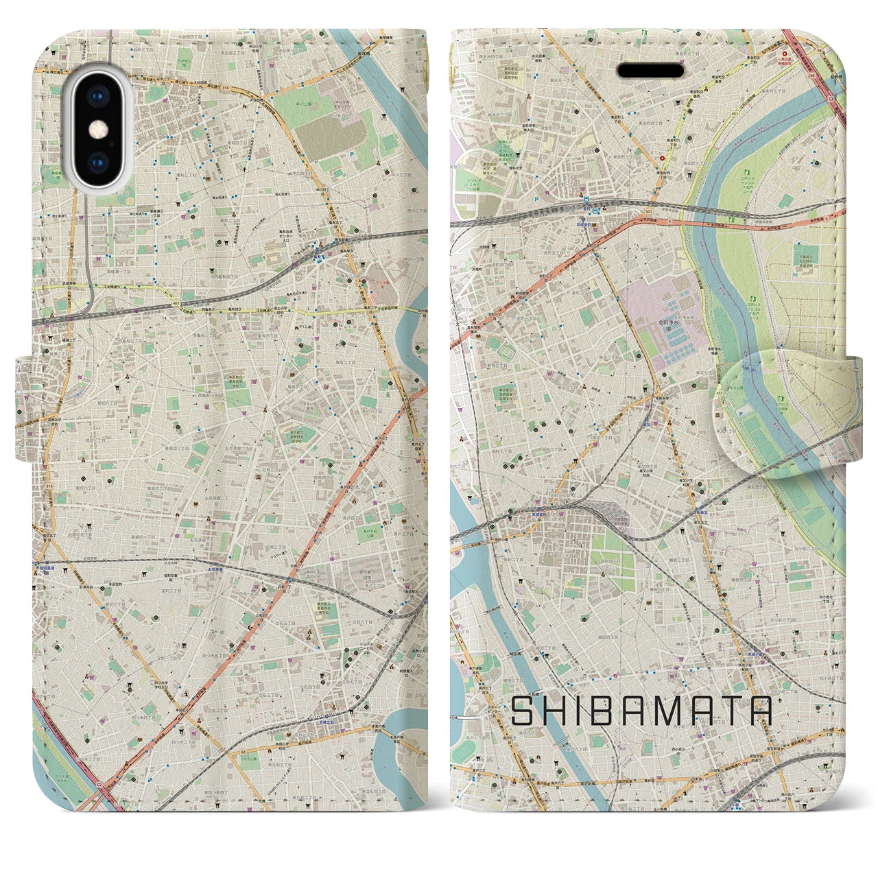 【柴又(東京都)】地図柄iPhoneケース(手帳タイプ)ナチュラル・iPhone XS Max 用