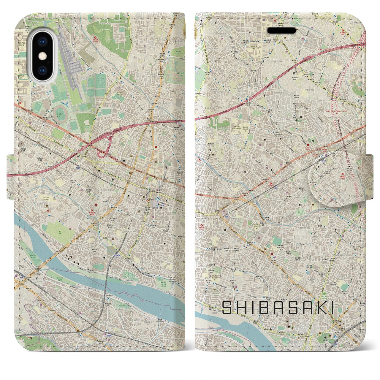 【柴崎(東京都)】地図柄iPhoneケース(手帳タイプ)ナチュラル・iPhone XS Max 用