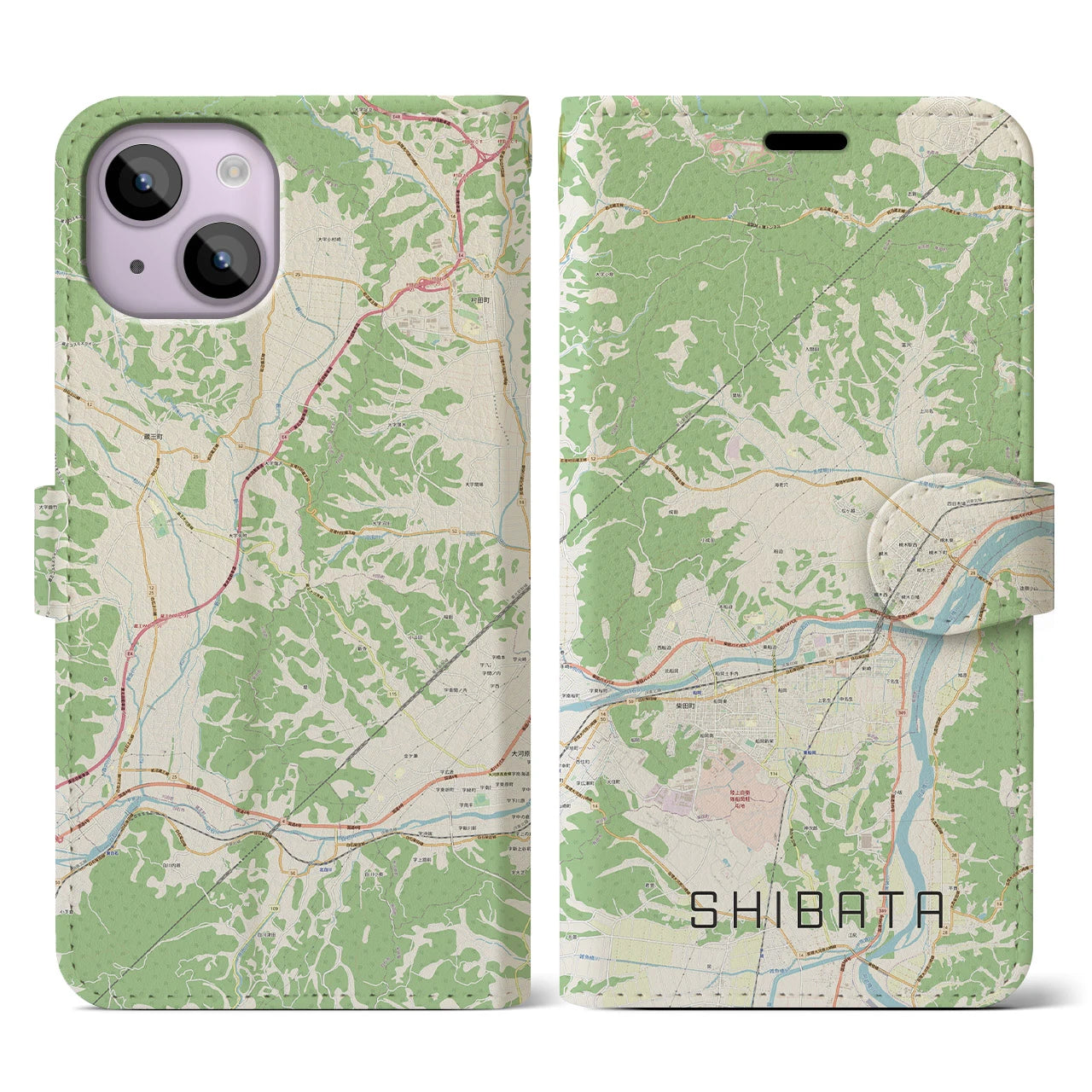 【柴田(宮城県)】地図柄iPhoneケース(手帳タイプ)ナチュラル・iPhone 14 用