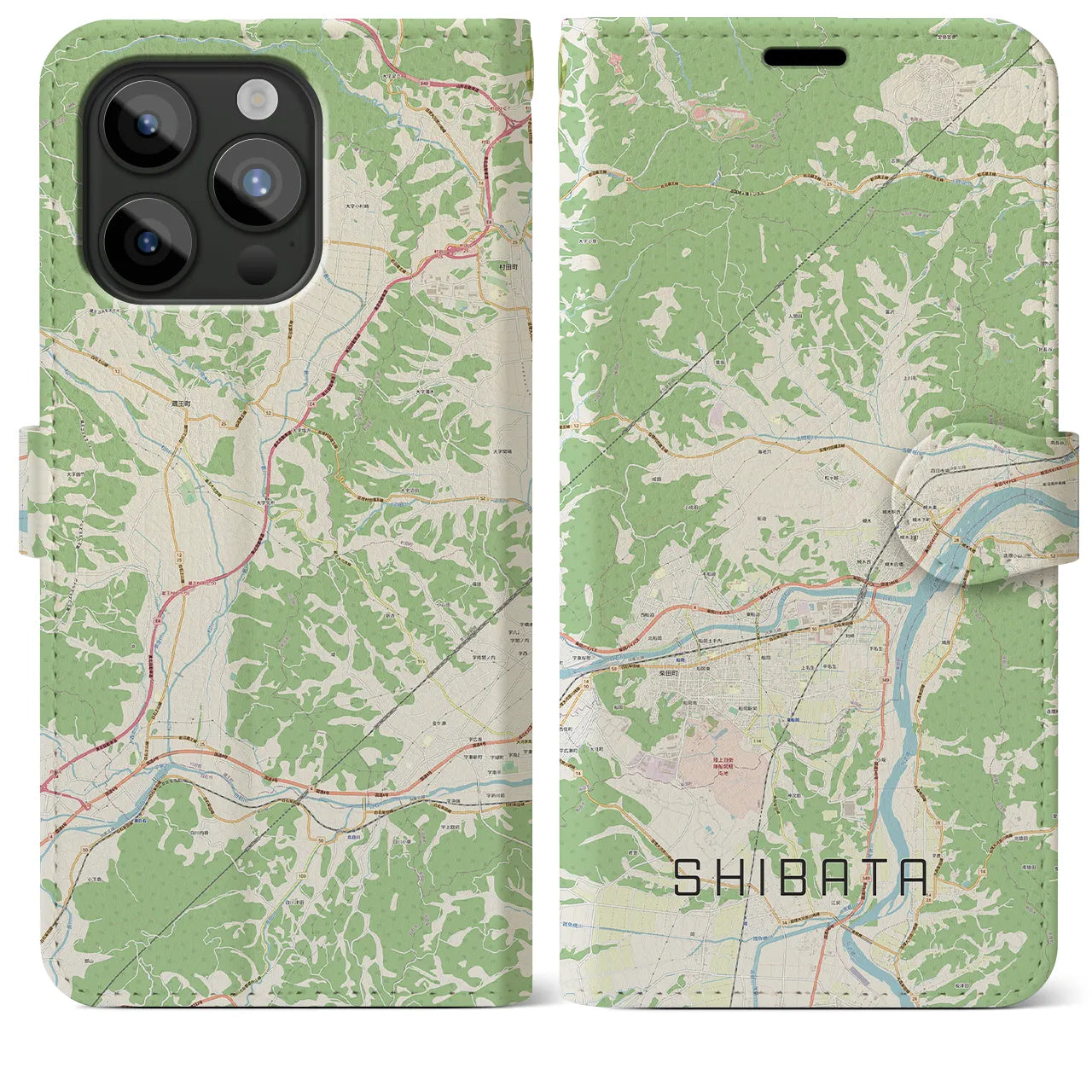 【柴田(宮城県)】地図柄iPhoneケース(手帳タイプ)ナチュラル・iPhone 15 Pro Max 用