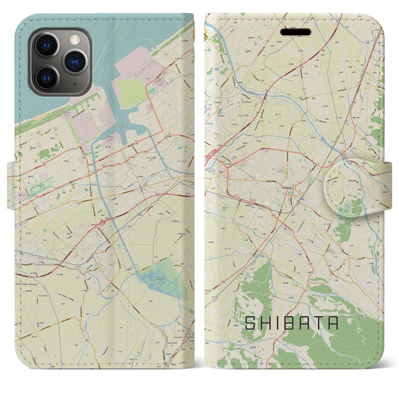 【新発田(新潟県)】地図柄iPhoneケース(手帳タイプ)ナチュラル・iPhone 11 Pro Max 用