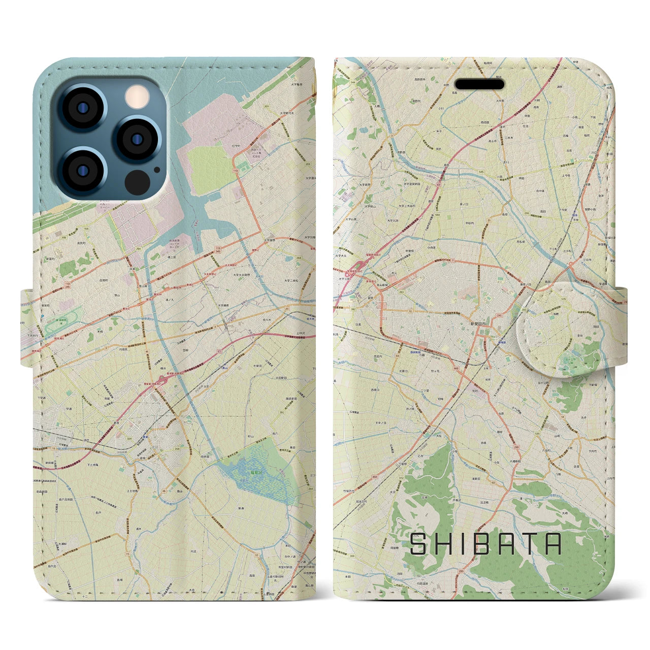 【新発田(新潟県)】地図柄iPhoneケース(手帳タイプ)ナチュラル・iPhone 12 / 12 Pro 用