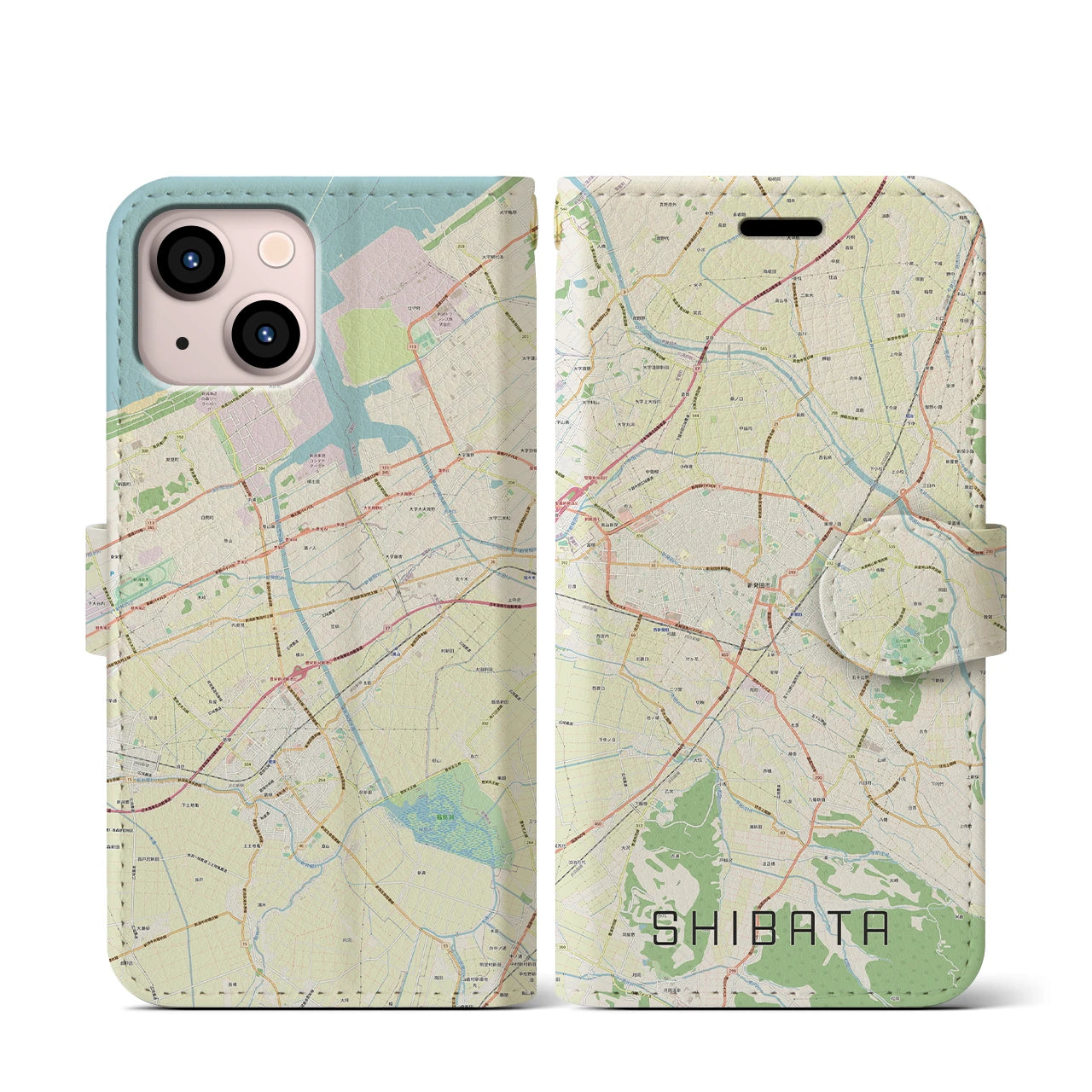 【新発田(新潟県)】地図柄iPhoneケース(手帳タイプ)ナチュラル・iPhone 13 mini 用