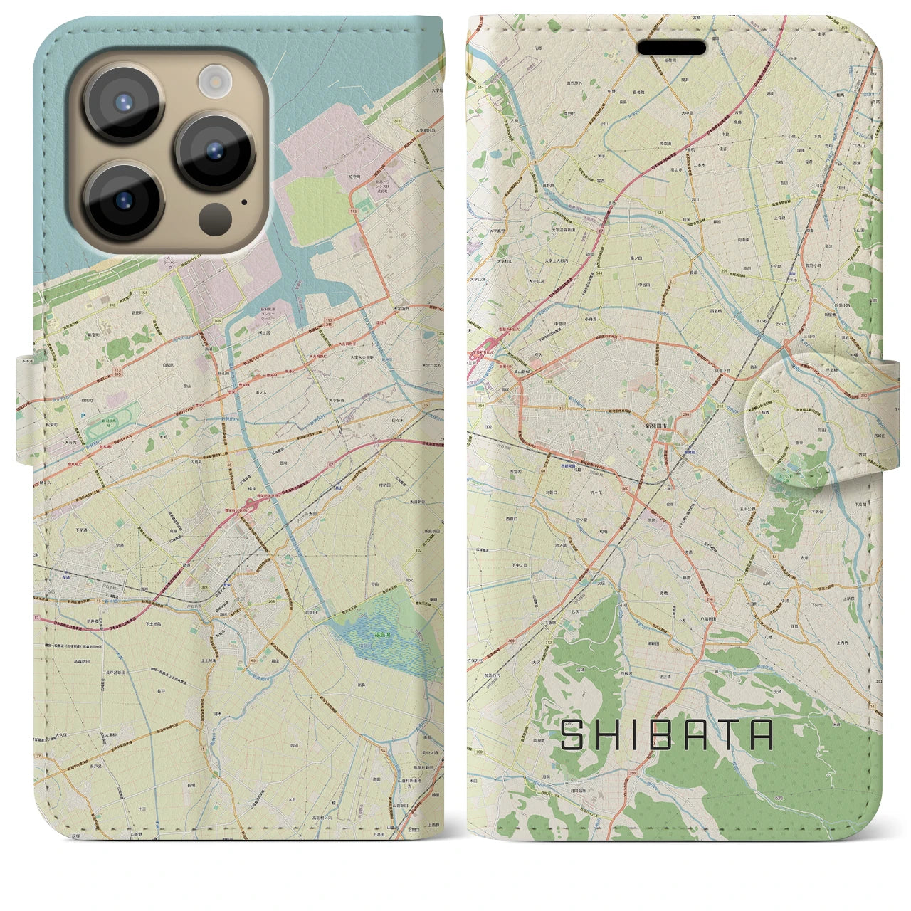 【新発田(新潟県)】地図柄iPhoneケース(手帳タイプ)ナチュラル・iPhone 14 Pro Max 用