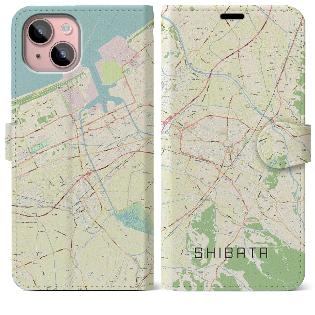 【新発田(新潟県)】地図柄iPhoneケース(手帳タイプ)ナチュラル・iPhone 15 Plus 用