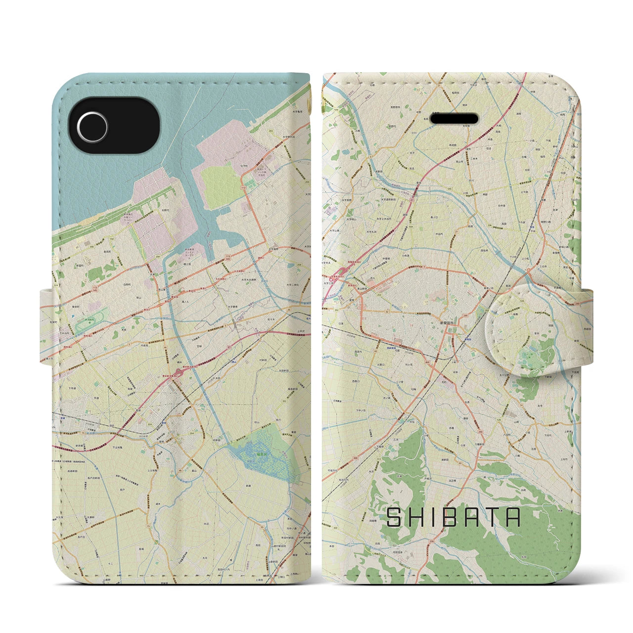 【新発田(新潟県)】地図柄iPhoneケース(手帳タイプ)ナチュラル・iPhone SE(第3 / 第2世代) / 8 / 7 / 6s / 6 用