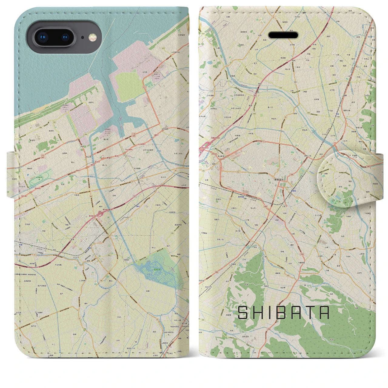 【新発田(新潟県)】地図柄iPhoneケース(手帳タイプ)ナチュラル・iPhone 8Plus /7Plus / 6sPlus / 6Plus 用