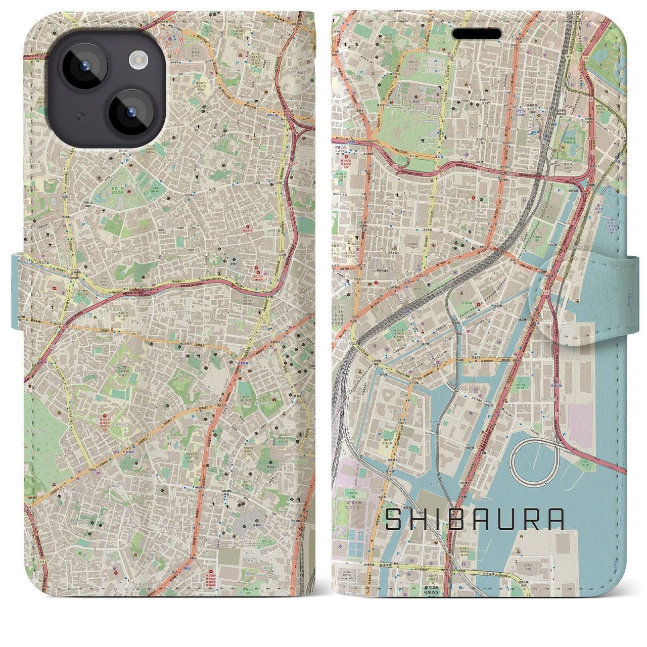 【芝浦(東京都)】地図柄iPhoneケース(手帳タイプ)ナチュラル・iPhone 14 Plus 用