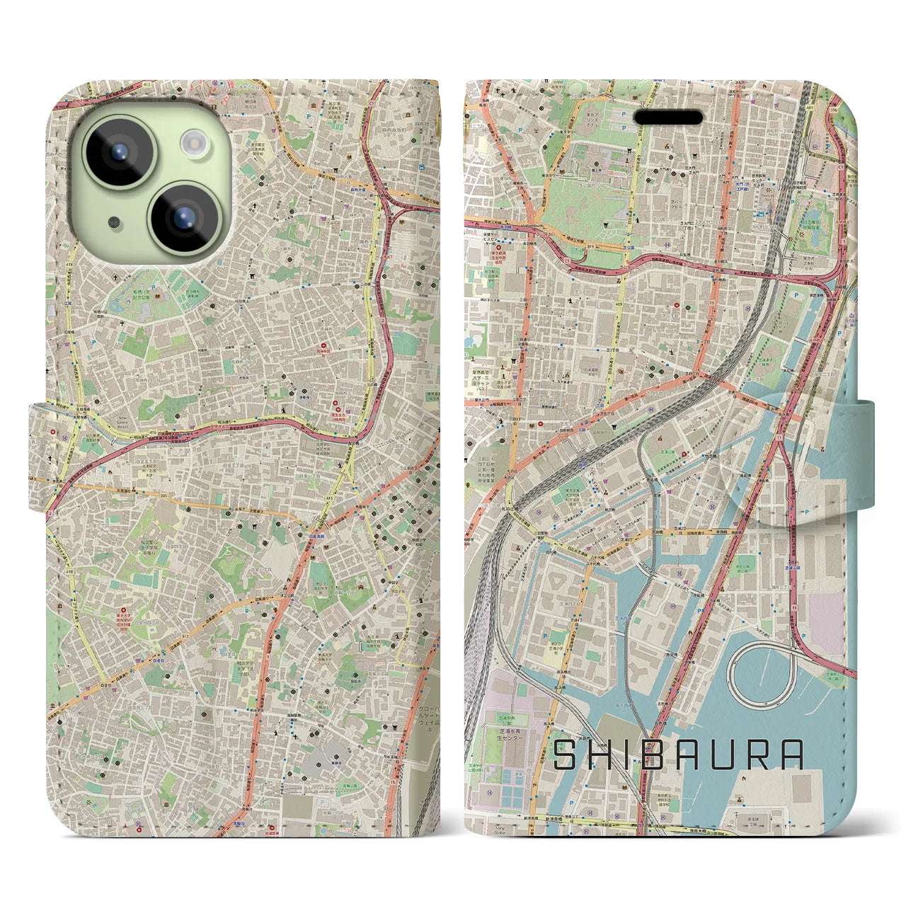 【芝浦(東京都)】地図柄iPhoneケース(手帳タイプ)ナチュラル・iPhone 15 用