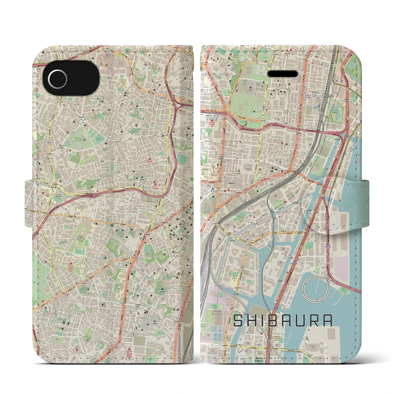 【芝浦(東京都)】地図柄iPhoneケース(手帳タイプ)ナチュラル・iPhone SE(第3 / 第2世代) / 8 / 7 / 6s / 6 用