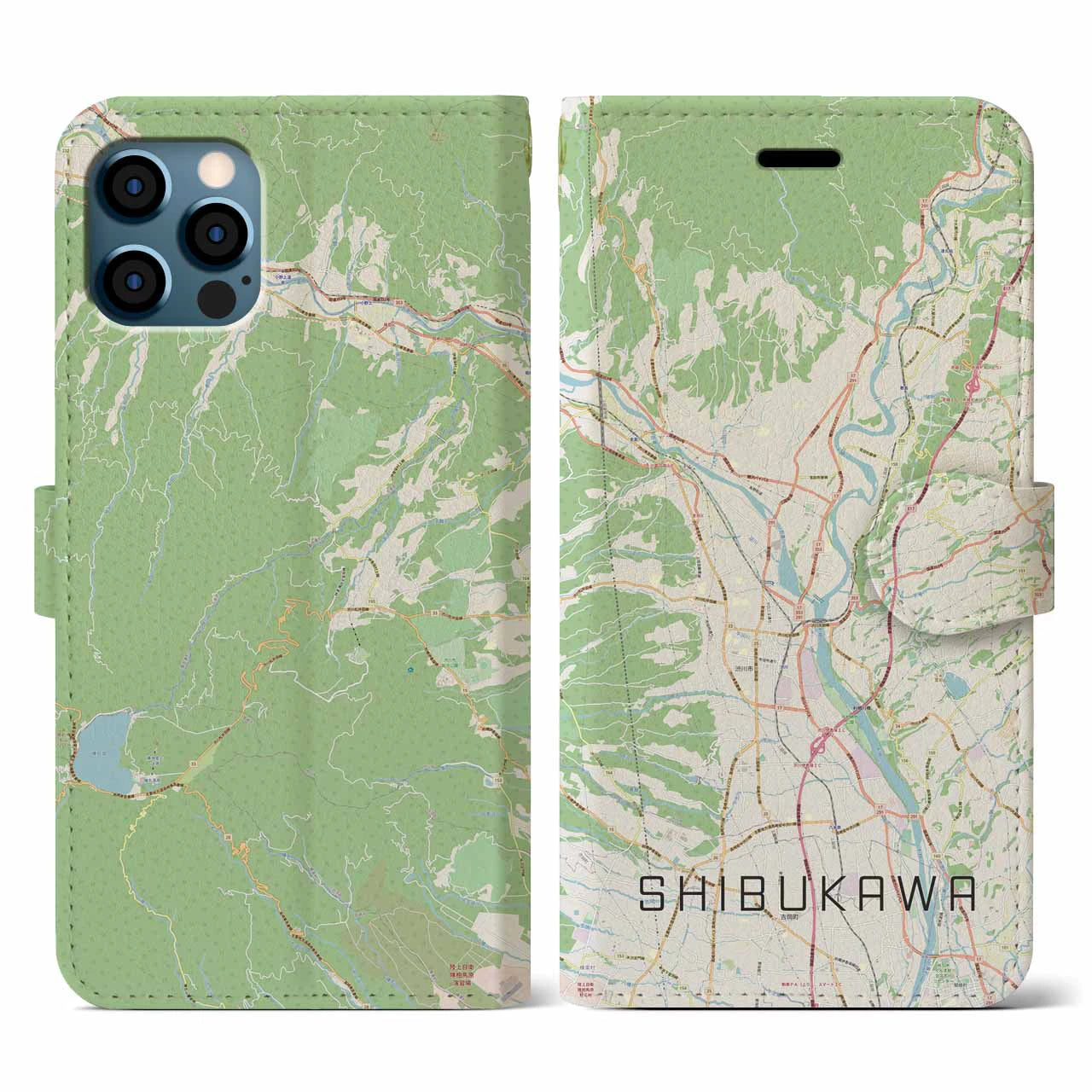 【渋川(群馬県)】地図柄iPhoneケース(手帳タイプ)ナチュラル・iPhone 12 / 12 Pro 用