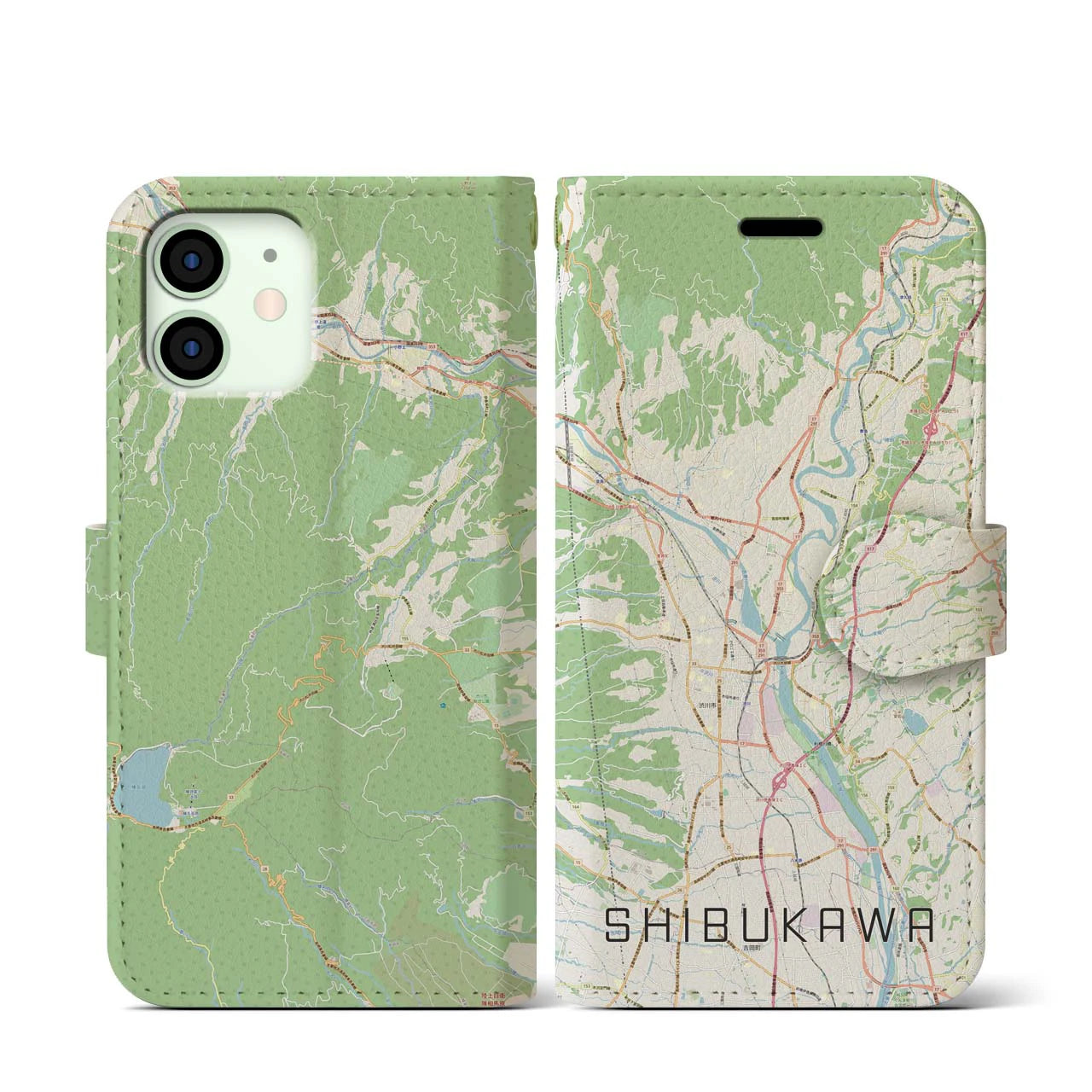 【渋川(群馬県)】地図柄iPhoneケース(手帳タイプ)ナチュラル・iPhone 12 mini 用