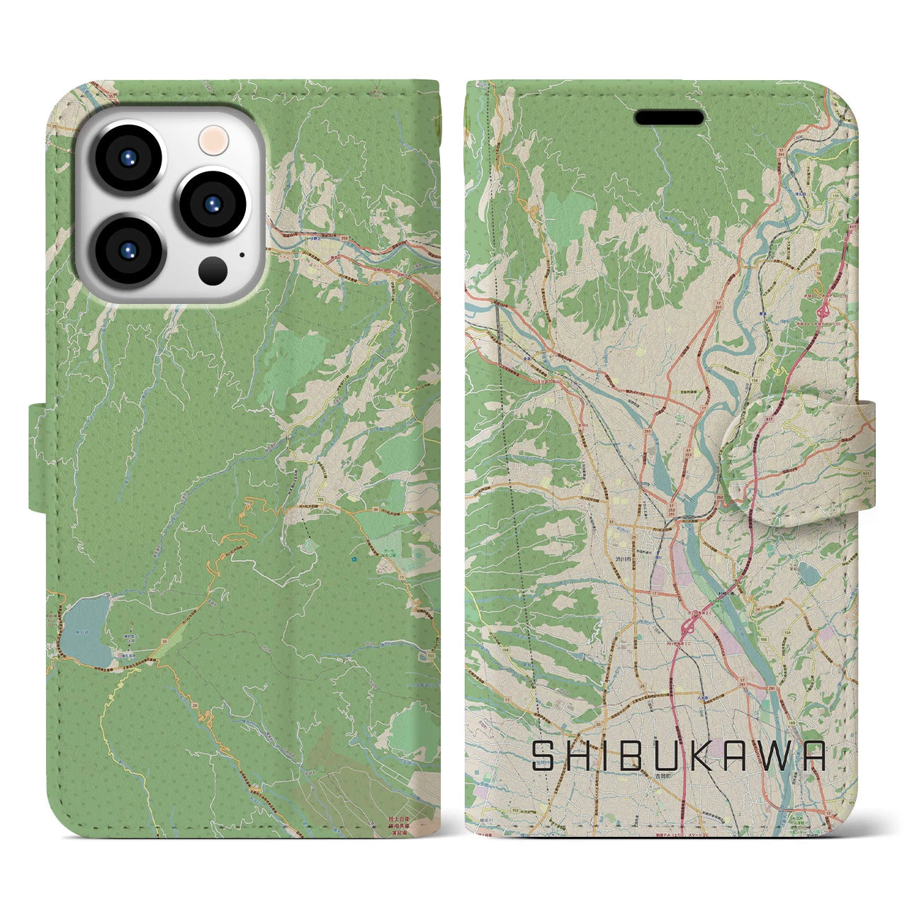 【渋川(群馬県)】地図柄iPhoneケース(手帳タイプ)ナチュラル・iPhone 13 Pro 用