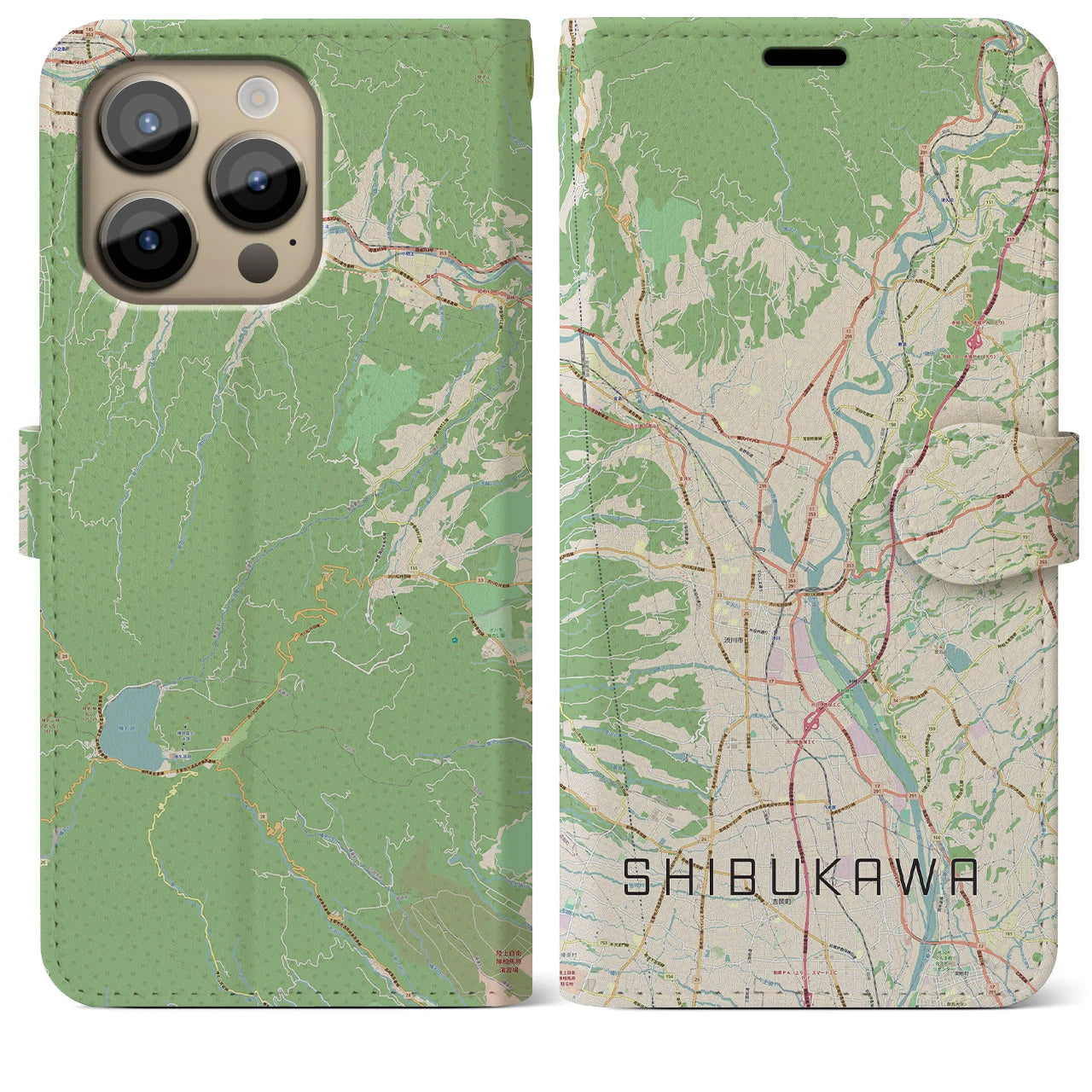 【渋川(群馬県)】地図柄iPhoneケース(手帳タイプ)ナチュラル・iPhone 14 Pro Max 用