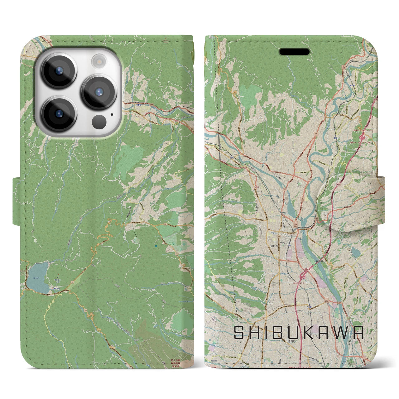 【渋川(群馬県)】地図柄iPhoneケース(手帳タイプ)ナチュラル・iPhone 14 Pro 用