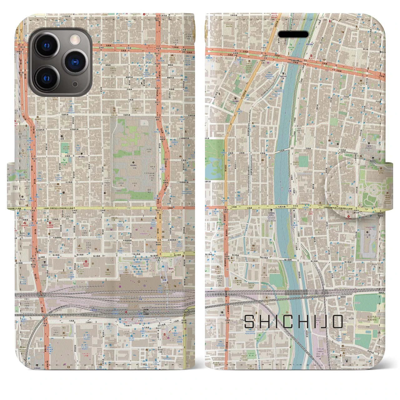 【七条(京都府)】地図柄iPhoneケース(手帳タイプ)ナチュラル・iPhone 11 Pro Max 用