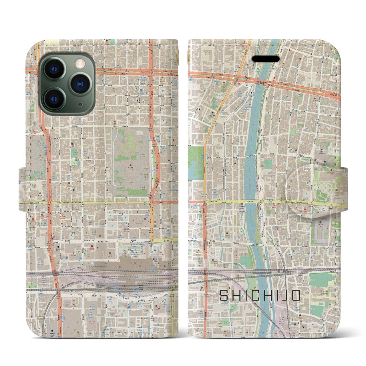 【七条(京都府)】地図柄iPhoneケース(手帳タイプ)ナチュラル・iPhone 11 Pro 用