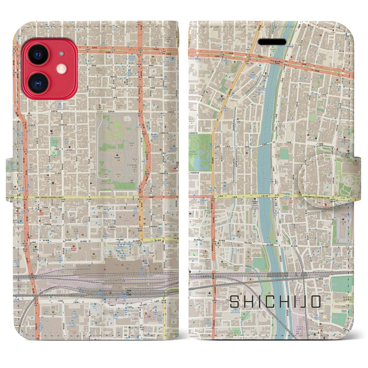 【七条(京都府)】地図柄iPhoneケース(手帳タイプ)ナチュラル・iPhone 11 用