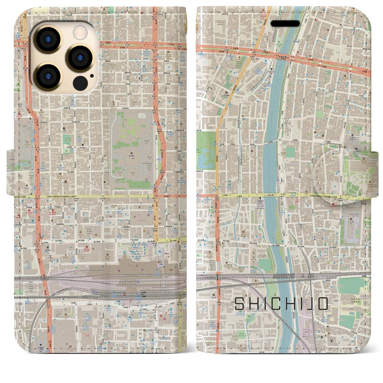 【七条(京都府)】地図柄iPhoneケース(手帳タイプ)ナチュラル・iPhone 12 Pro Max 用