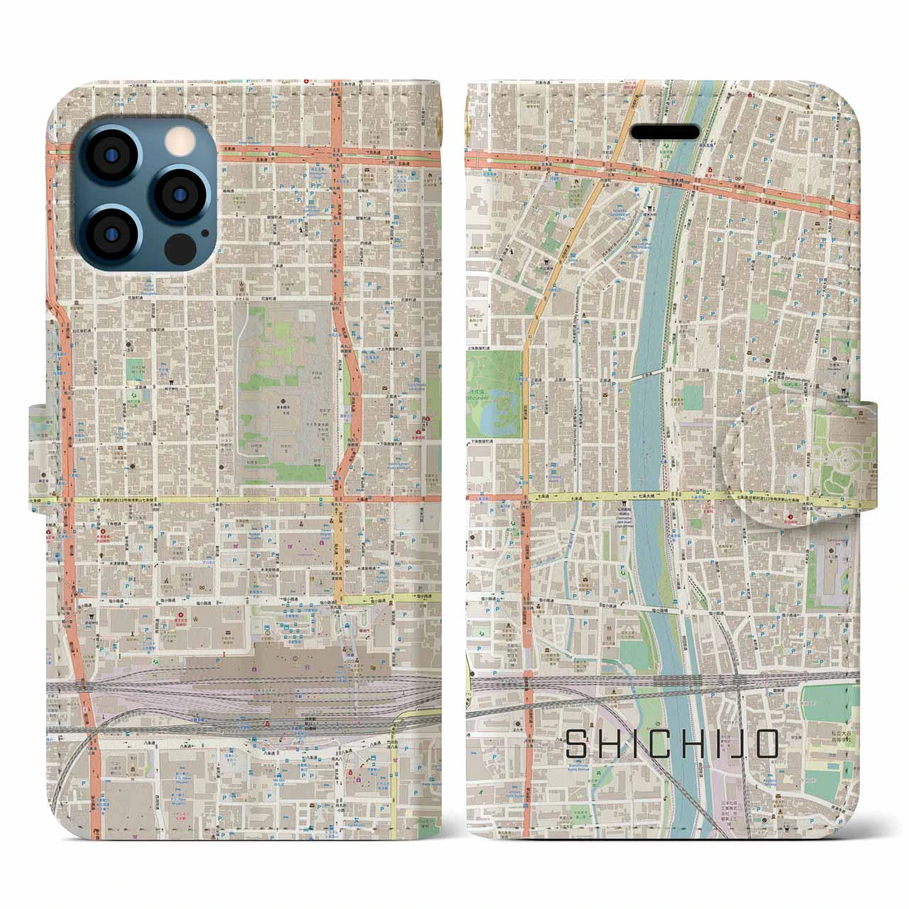 【七条(京都府)】地図柄iPhoneケース(手帳タイプ)ナチュラル・iPhone 12 / 12 Pro 用