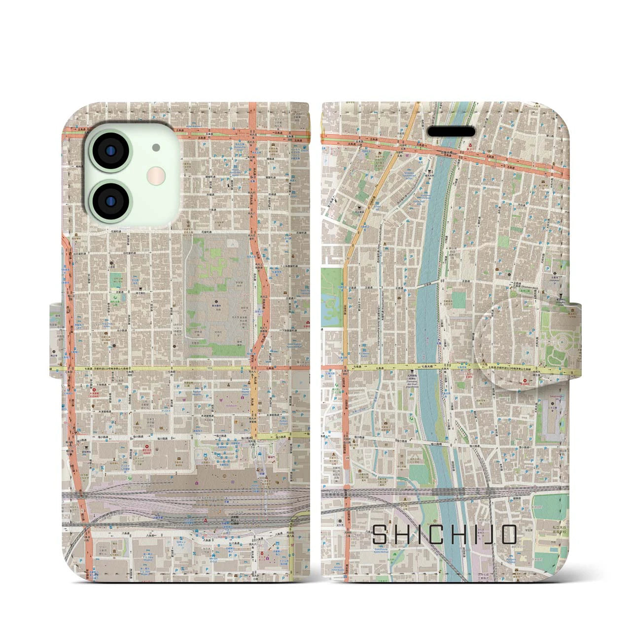 【七条(京都府)】地図柄iPhoneケース(手帳タイプ)ナチュラル・iPhone 12 mini 用