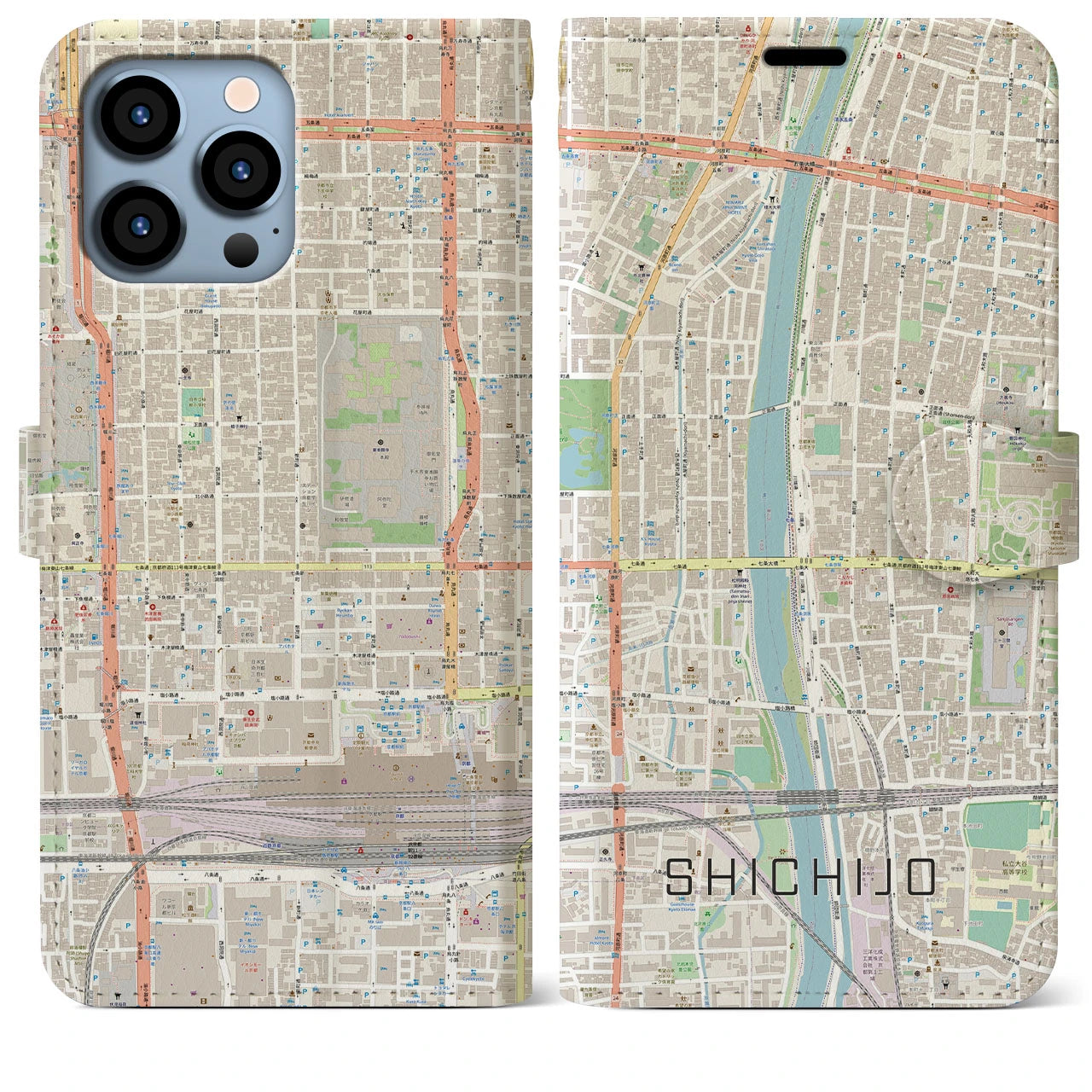 【七条(京都府)】地図柄iPhoneケース(手帳タイプ)ナチュラル・iPhone 13 Pro Max 用