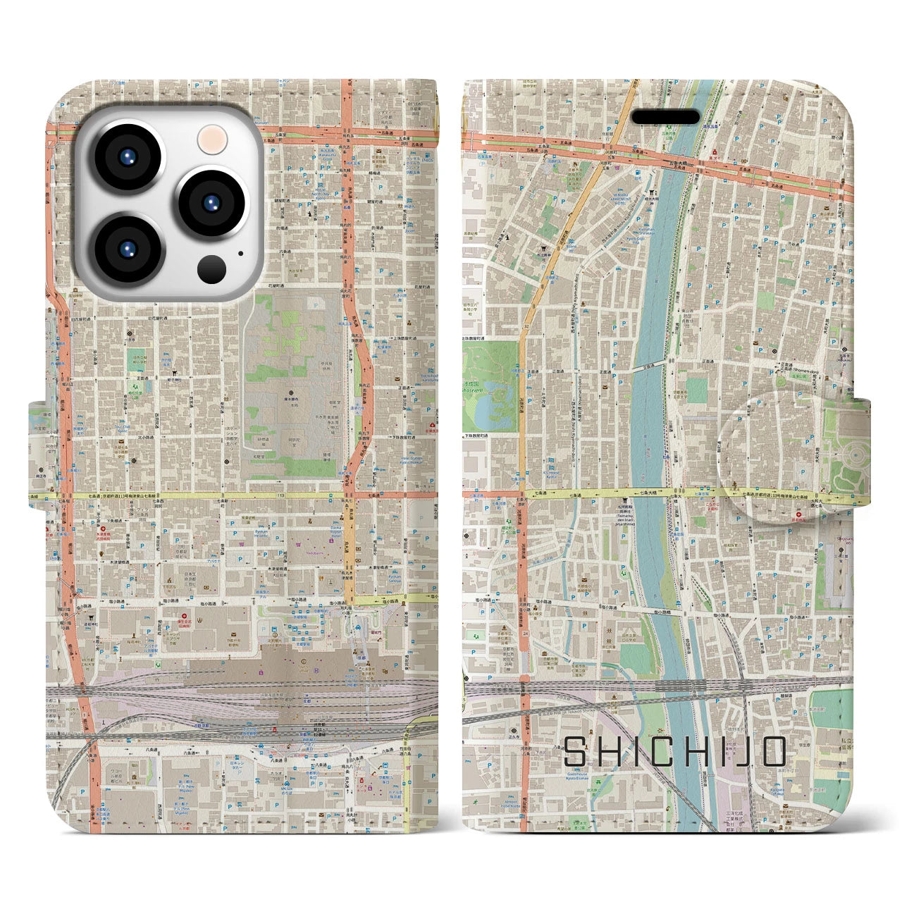 【七条(京都府)】地図柄iPhoneケース(手帳タイプ)ナチュラル・iPhone 13 Pro 用