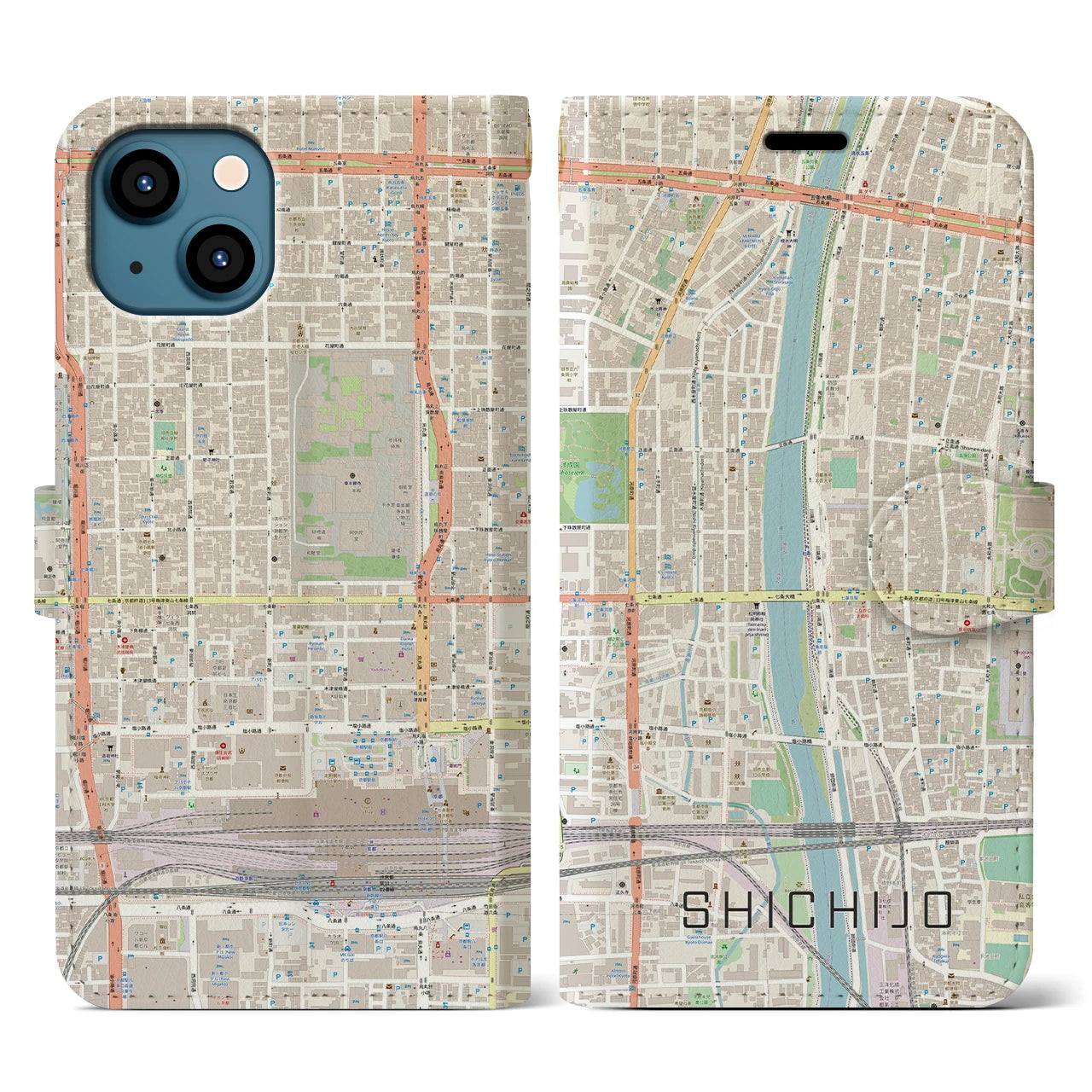 【七条(京都府)】地図柄iPhoneケース(手帳タイプ)ナチュラル・iPhone 13 用