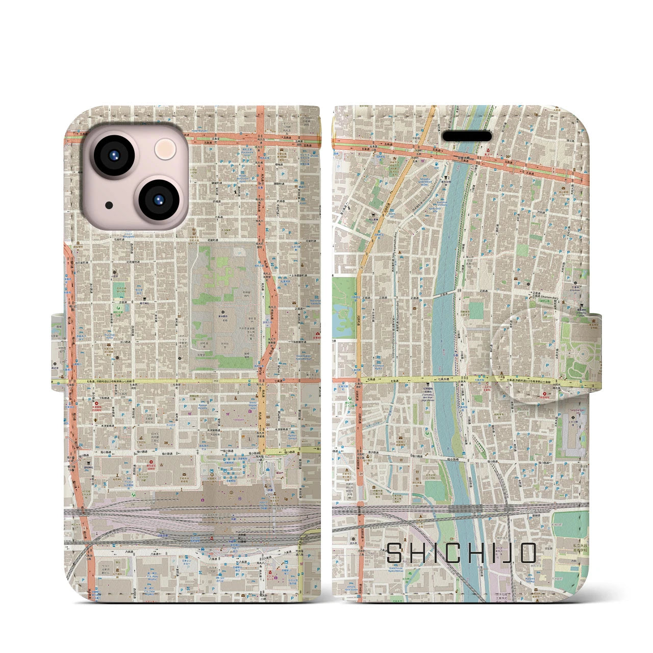 【七条(京都府)】地図柄iPhoneケース(手帳タイプ)ナチュラル・iPhone 13 mini 用