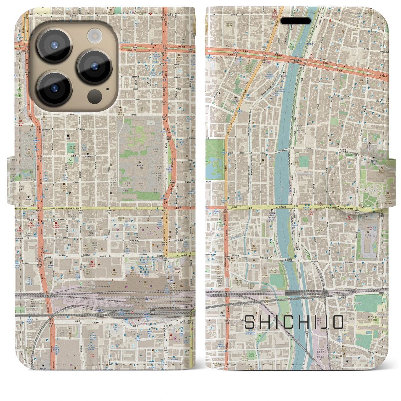 【七条(京都府)】地図柄iPhoneケース(手帳タイプ)ナチュラル・iPhone 14 Pro Max 用