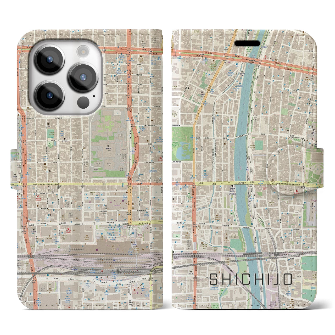 【七条(京都府)】地図柄iPhoneケース(手帳タイプ)ナチュラル・iPhone 14 Pro 用