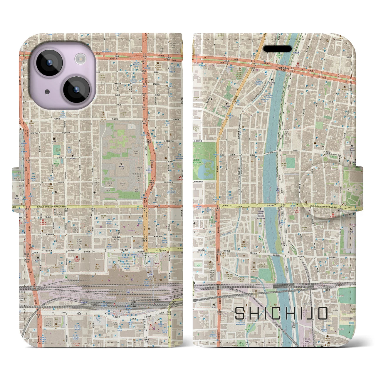 【七条(京都府)】地図柄iPhoneケース(手帳タイプ)ナチュラル・iPhone 14 用