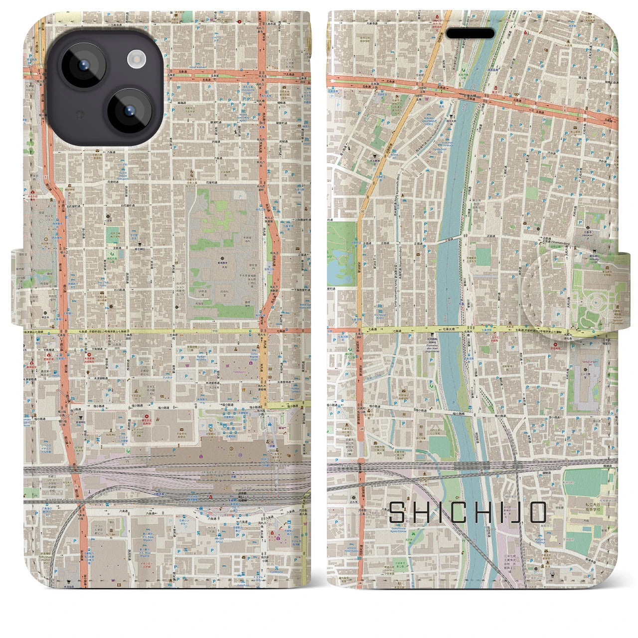 【七条(京都府)】地図柄iPhoneケース(手帳タイプ)ナチュラル・iPhone 14 Plus 用