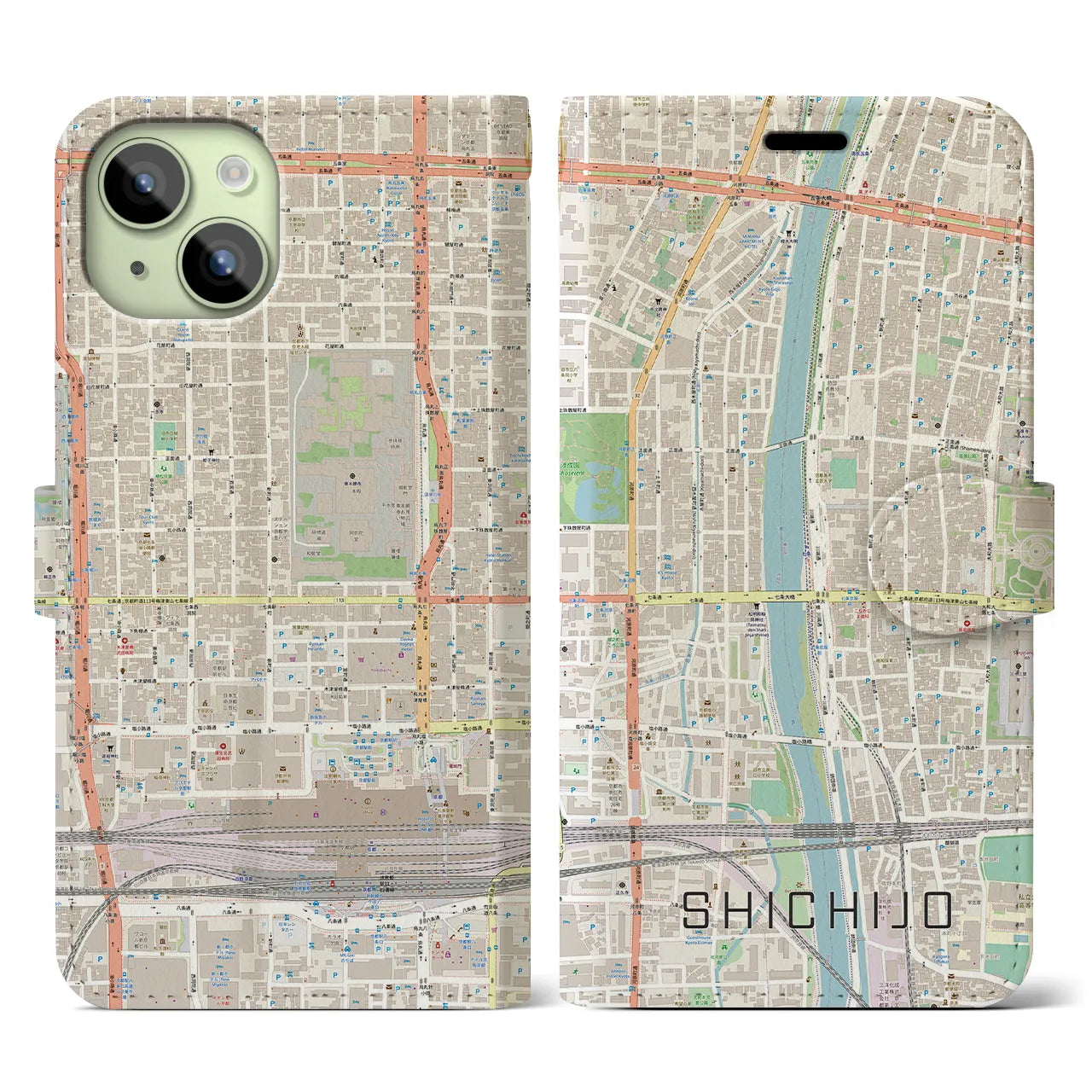 【七条(京都府)】地図柄iPhoneケース(手帳タイプ)ナチュラル・iPhone 15 用