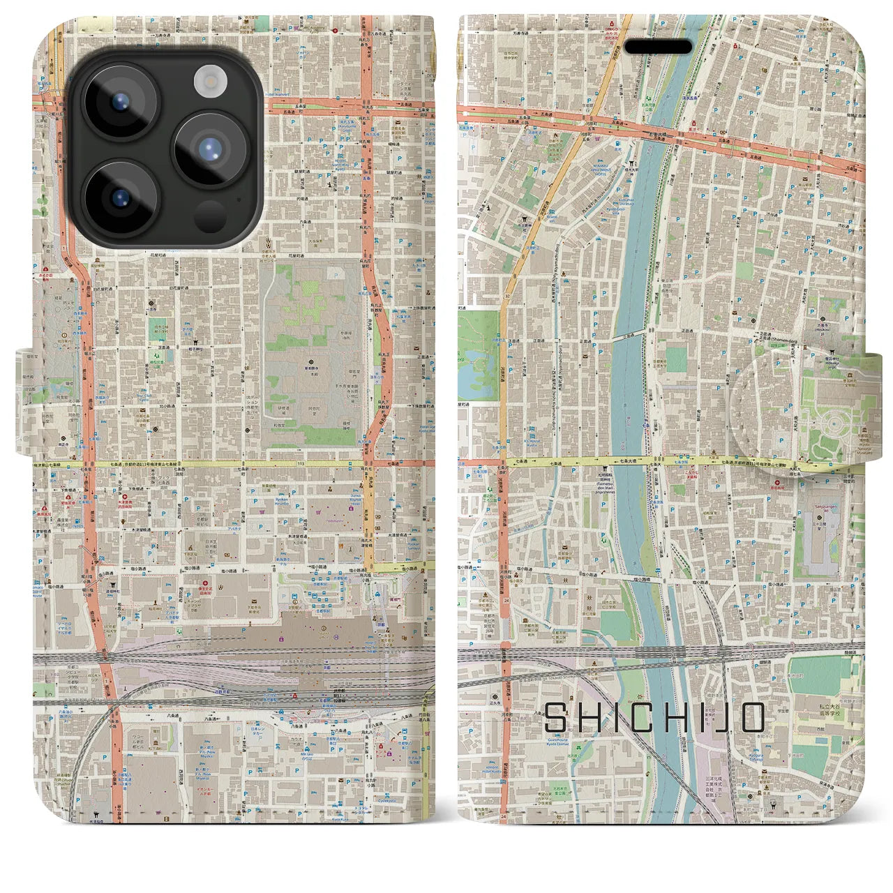【七条(京都府)】地図柄iPhoneケース(手帳タイプ)ナチュラル・iPhone 15 Pro Max 用