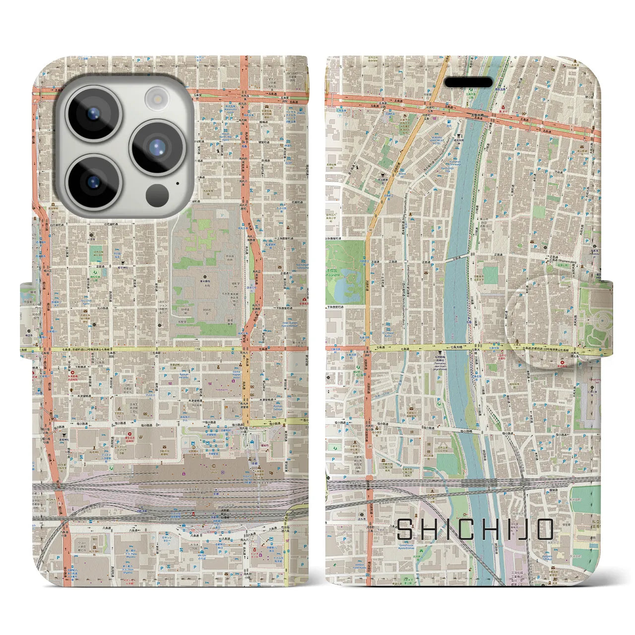 【七条(京都府)】地図柄iPhoneケース(手帳タイプ)ナチュラル・iPhone 15 Pro 用