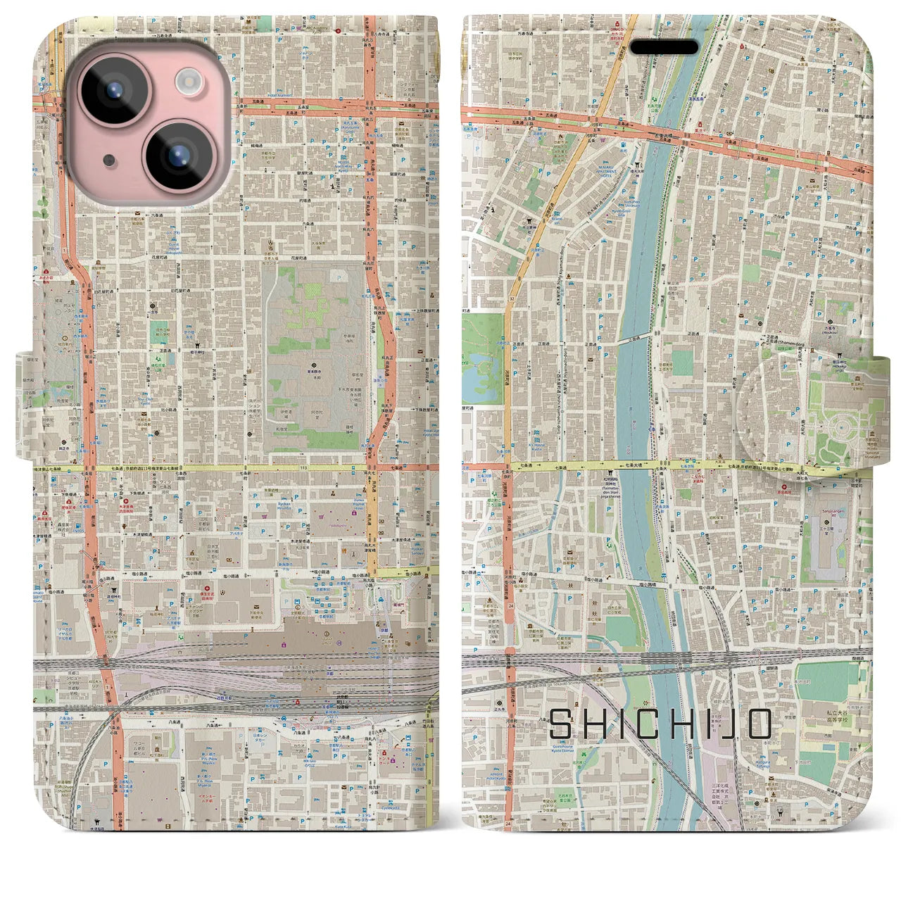 【七条(京都府)】地図柄iPhoneケース(手帳タイプ)ナチュラル・iPhone 15 Plus 用