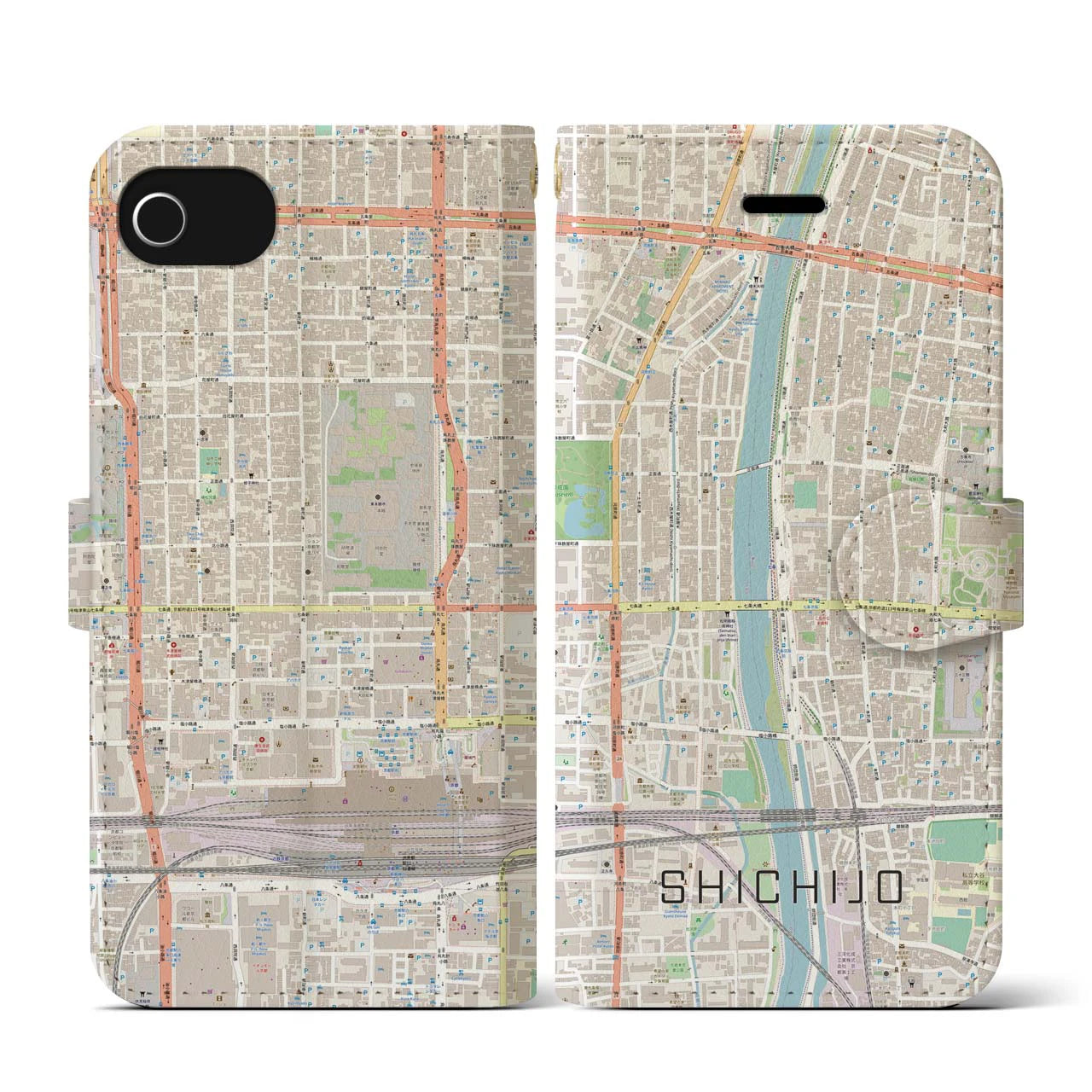 【七条(京都府)】地図柄iPhoneケース(手帳タイプ)ナチュラル・iPhone SE(第3 / 第2世代) / 8 / 7 / 6s / 6 用